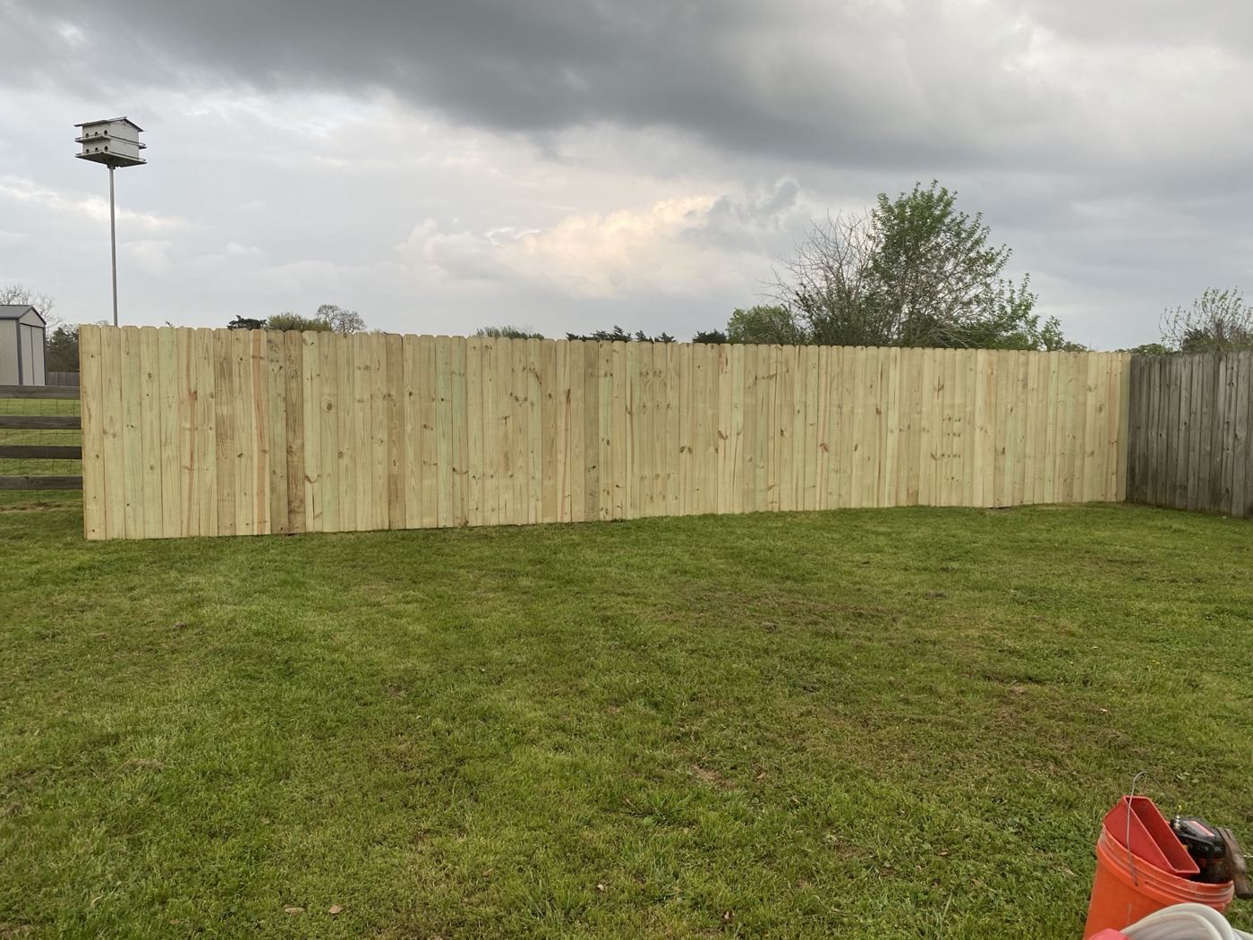 Treated wood privacy fence across the rear of a backyard