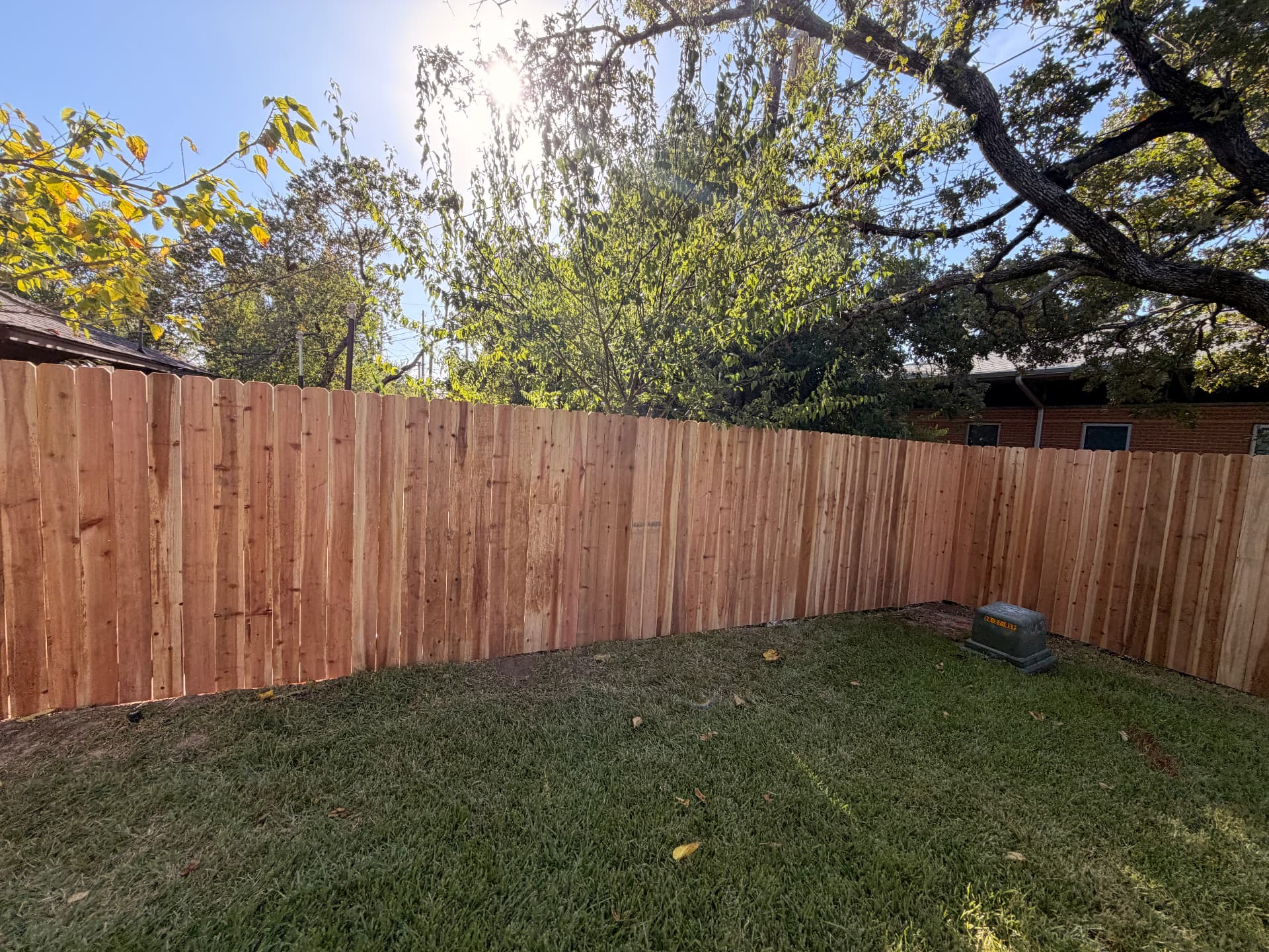 New cedar privacy fence line running along a shaded backyard in Bryan, Texas