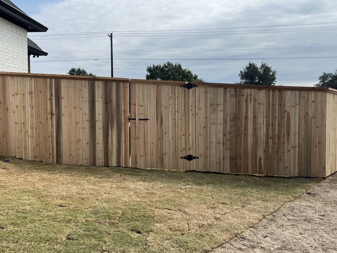 Cedar privacy fence with a matching walk gate beside a home